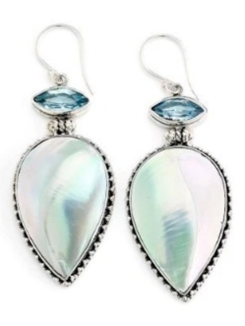 SAMUEL B. PEARL EARRINGS MOTHER OF PEARL London blue topaz silver 2.5 INCHES